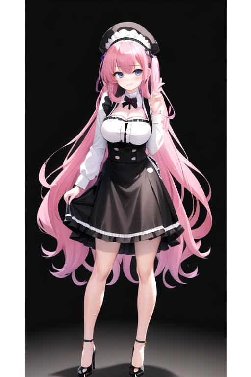 long hair, pale skin, pink hair, blue eyes, black choker, giant H-cup breasts, wavy hair, maid uniform, smiling, full body photo, 28 years old, miniskirt, cleavage, high heels