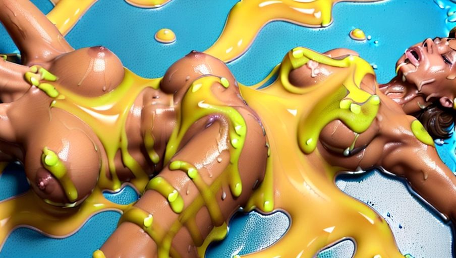 8k, photorealistic, deserted laboratory scene, full length shot, (((beautiful young thin naked woman))), huge breasts, ((bobcut hair)), pointed ears,eyes, Orgasm expression, gorgeous body, centerfold body, ((laying on floor face-up)),vomiting sticky skin color slime onto woman breasts)), ((woman glued to floor by 4 inches thick layer of sticky skin color slime)), woman cannot move, ((((sticky skin color slime strands run between womans body and floor)))),melting into puddle,slime is light brown,rubber hose arms
