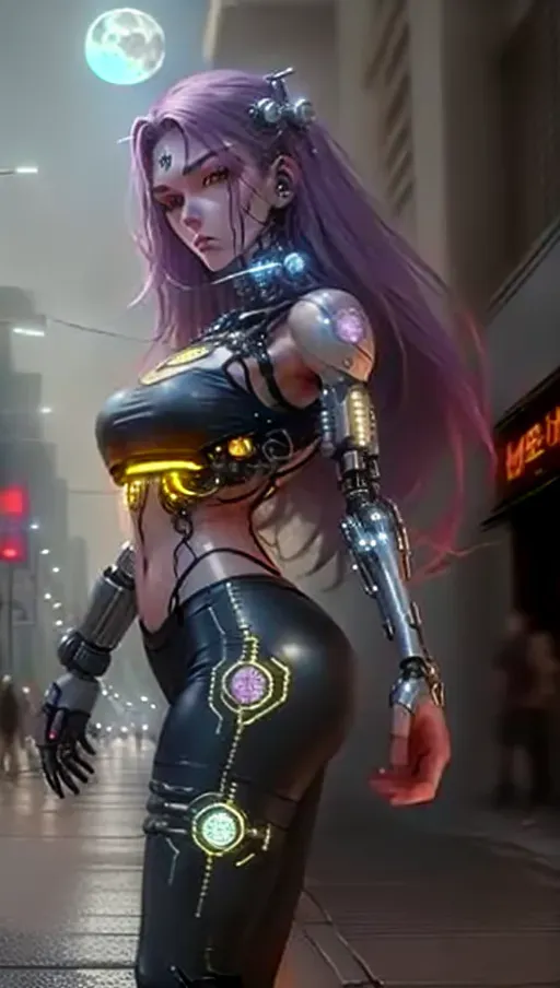 6 foot 7 woman, <lora:dpmg_mechanical_parts:1>, very pale skin, neutral expression, big tits, round ass, long purple hair reaching down to ass, piercing yellow eyes, skin tight matte black leggings, combat boots, extremely tight crop top with metal band logo on chest, cybernetics, ((((cybernetic left arm)))), (scar running from left temple to jaw), ((((stood in the street at night)))), raining, full moon, ((tattoo on torso resembling circuitry)), (((((beautiful face))))), masterpiece, very high quality,