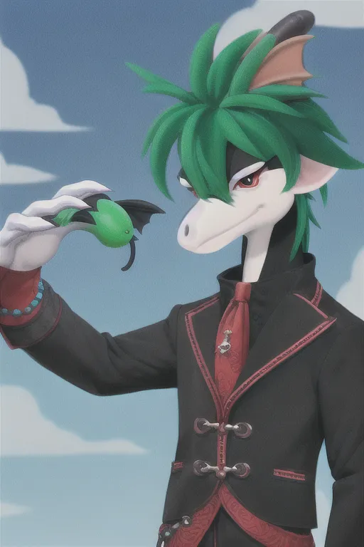 A male anthropomorphic dragon, medium snout, two bright green cocks, mostly slight bright green with vertical black stripe down the middle of body
