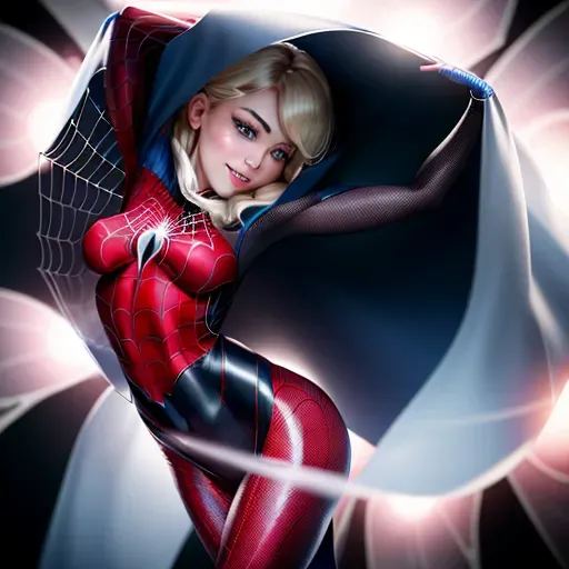 a highly detailed photograph of, full length body shot, anatomically correct body, correct amount of limbs, all body visible, Gwen Stacy from Spiderman, smiling, in Spiderwoman costume, face visible, in a factory, at the centre of a spiders web, stuck, spread eagled, small breasts, five fingers per hand, cute face, beautiful lips, blue eyes, curved eyebrows, curved eyelid, smooth skin, peaceful, wearing necklace, cinematic lighting, smooth, highly detailed, ultra realistic, sharp focus, toned body, slim toned legs, legs spread,