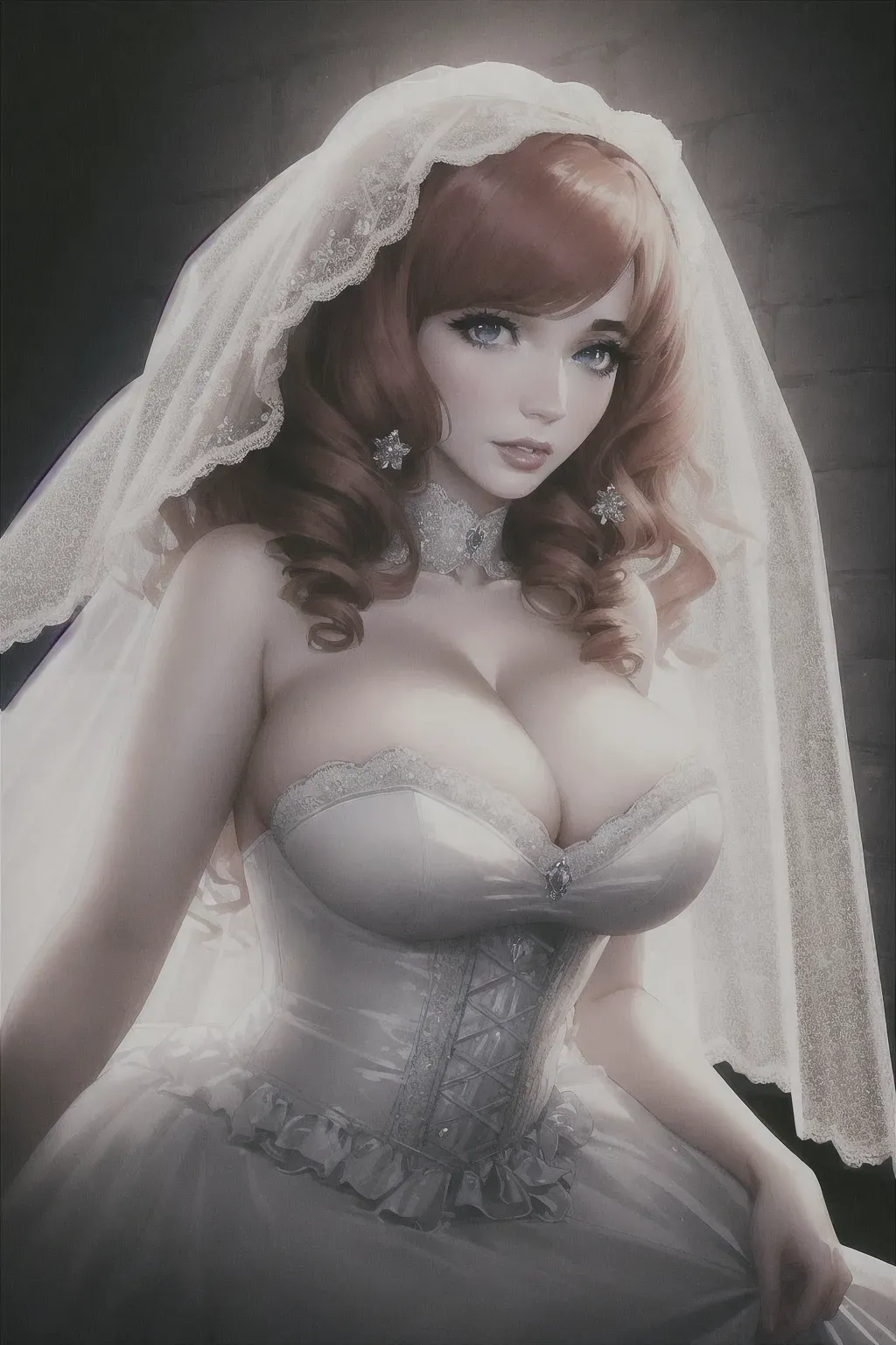 a illustration of,christina hendricks,wearing wedding dress,shooting from a high point,in the dungeon,big breasts,five slender fingers,fishtail hair,beautiful face,beautiful lips,blue eyes,hancuffed,curved eyebrows,satisfaction,wearing slave collar,surreal,8k,cinematic lighting,smooth,sharp focus, wedding veil