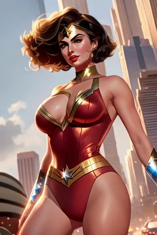 an illustration of, Jean Simmons as Wonder Woman, by Pixar, revealing leotard-style costume, in the city, small breasts, five fingers per hand, charming face, beautiful lips, curved eyebrows, curved eyelid, peaceful, 8k, smooth, art station,ultra-realistic
