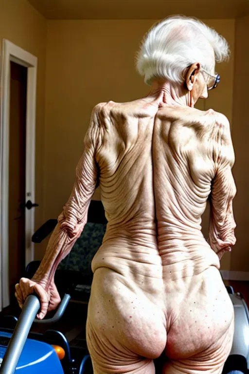 (great grandmother),(90 years old),(naked),(wrinkled skin),(anorexic),(very skinny), bent over, showing ass, tan lines, lawn mower
