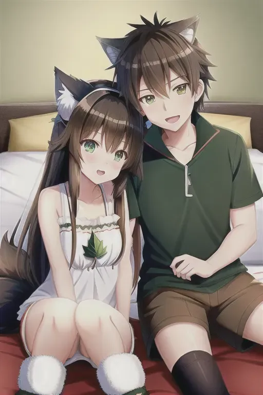 high quality, detailed, anime guy and anime girl, adventurers, brown hair, green eyes, wolf ears on head, fluffy ears, fluffy tail, cute, leaf design clothing, shorts, isekai, both guy and girl are asleep, cuddling in bed,