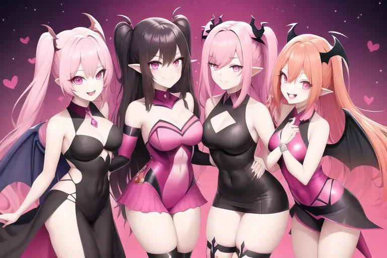 Tall dominant woman with devil horns and bat wings anime girl with pink hair and pink eyes, smile, multiple angles, giggling, high quality, happy smile, one person,