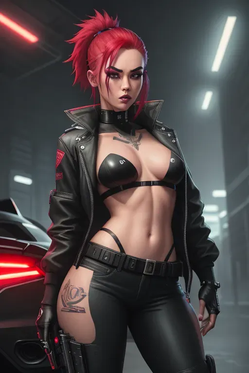 Cyberpunk, noir, Dark, neon lights, red, grey, vivid, detective, Asian, babe, dyed red hair, dark eyebrows, piercing dark eyes, small nose, full lips, narrow chin, long black padded jacket with red highlights, unbuttoned jacket, bare breasts, small breasts, thin waist, curvy hips, full thighs, thicc butt, futuristic gun in right hand, pants undone and open, utility belt loosened, aroused clit exposed, skull tattoos, standing beside a futuristic sports car, aroused, cute, sexy, submissive, high definition, 4k quality, cinematic lighting, great shading, excellent detail, five fingers per hand