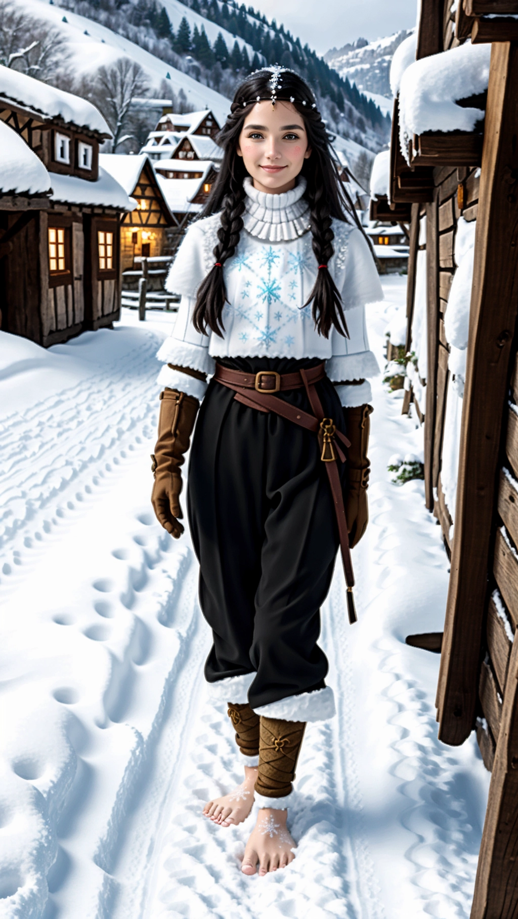 full-body image of a fit tan thin beautiful barefoot German adventurer woman with long hair wearing medieval adventurer attire while in a snowy village, (beautiful petite feminine feet: 1.2), (barefoot: 1.3), (wearing warm black medieval adventurer attire: 1.2), (long dark hair: 1.2), (German woman: 1.3), (bustling snowy village: 1.4), (icy toes: 1.2), (gloves: 1.3), (magic markings on feet: 1.3), (smug smirk: 1.2), (adventurer pants: 1.2),