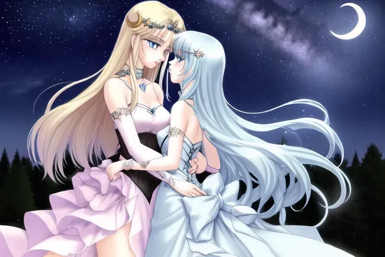 Tall, tall pretty frail skinny blue-eyed pastel trans woman kissing, short thick goth woman brown-eyed, holding waist, playing with hair, Outdoors, night sky background, twinkling stars, crescent moon, landscape, pine forest