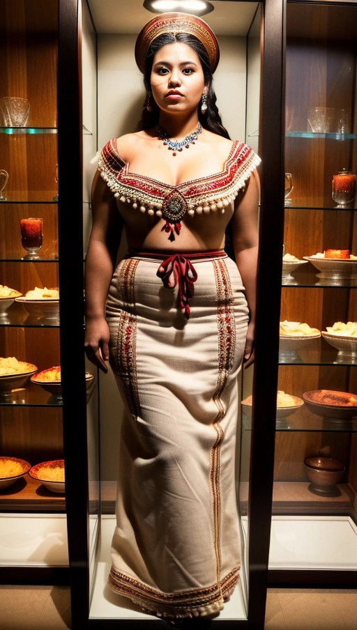 The woman was frozen in time, She wore traditional Guatemalan clothing that accentuated her large natural breasts and wide hips, along with a pair of high heels. The woman is Latin American. She is inside a glass display case exposed for sale. The setting is in a white-walled room evenly lit by white lighting. Despite being overweight, she still looks attractive. The image should showcase the womans ample figure within the glass display case. Her facial expression should be neutral, with eyes fixed on the camera but without any emotions. (((full body view, full body photo)))), ((full body view)), ((breasts large natural)), ((overweight)), (((hyperrealistic))),
Masterpiece,
perfect edges,
ultra realistic,
perfect anatomy,
realistic skin texture