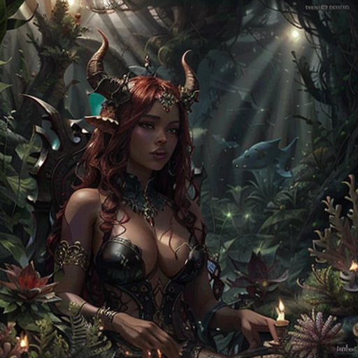 high quality, ultra realistic, masterpiece, detailed,face close up,portret, ((detailed face and eyes)), realistic, 1woman, hellish queen on a coral throne, Red glowing eyes, horns, Red skin, underwater, surrounded by sharks, digital painting, Rich colors, epic composition, sense of might and power, <lora:dpmg_gigachad:0.7>, <lora:see_through_dress:0.6>