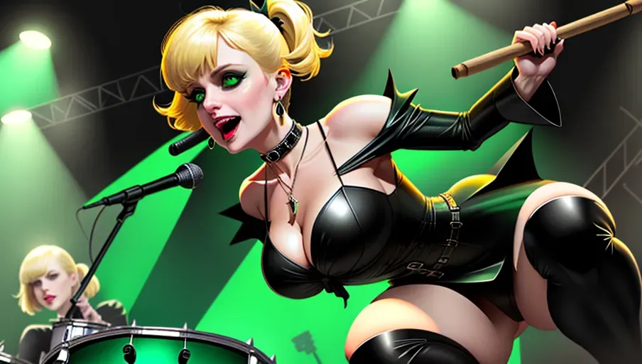 low angle, medium shot. Hex Girls performance. beautiful Nordic American girl 3-piece goth rock band.
three figures.
low angle, medium shot,
beautiful, Sweet innocent beautiful, blond, good girl, Jane Wiedlin, playing drums. goth makeup. green lipstick and eyeshadow, slightly shorter than average woman 25 years of age, short blond hair in short pigtails tied with green bead hairbands, demented smile, large round natural dark eyes, goth-punk style, Dark green long sleeve witch dress, green dangling isosolies triangle earrings, ankle high boots, long pointed canine teeth, large x shaped pendant necklace, black spiked collar, holding a pair of drumsticks.
photorealistic.
bookeh, pixiv
