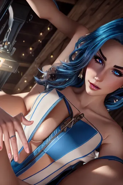 wearing cowboy clothes,kneeing,at the convenient store,big breasts,five fingers per hand,fishtail hair,gorgeous face,beautiful lips,blue eyes,curved eyebrows,curved eyelid,pale skin,joyful,tattoo,cinematic lighting,cgsociety,unreal engine,ultra realistic,studio lighting