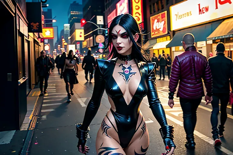 A beautiful goth vampire woman with black hair and a slinky body and rough edged with tattoos looks like a member of a street gang, walking down the streets of New York City late at night, realistic photograph, street lights