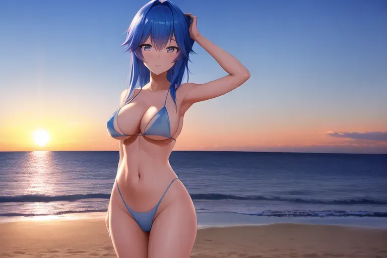 photo shot, 20 year old, an anime girl, insanely beautiful, naked, blue, beach, sunset, sunlight, happy, 8k, professional