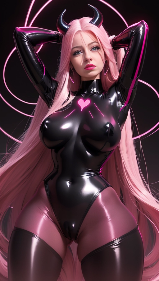best quality, (((ultra high res))), (((detailed face and eyes))), ((perfect face)), (big shining heart choker), earrings, jewelry, (conjuring), witch, ((very long voluminous hair)), ((((Bordeaux hair)))), ((((black skintight neckholder)))), ((((pink lipstick)))), ((black long sleeves)), ((glowing heart)), (((demon mark))), ((((straight hair)))), (((Kylie Jenner))), (((((very very long Bordeaux hair))))), (((perfect face and eyes))), (((straight hair))), ((black leggings)), (black latex suit), ((succubus)), demon horns , (((huge cameltoe))), black gloves, dark background, (((strands))), (((pink glowing lines)))