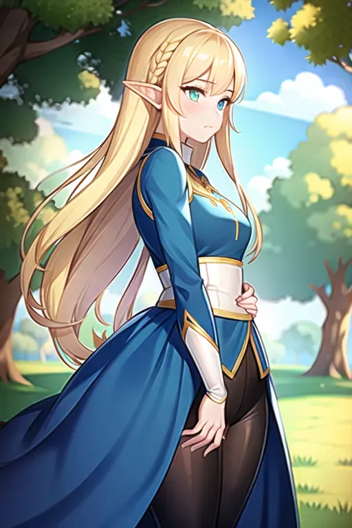 <lora:dpmg_princess_zelda:0.3>, 1girl, bangs, blonde hair, breasts, bridal gauntlets, closed mouth, expressionless, from side, green eyes, highres, jewelry, long hair, long sleeves, nintendo, outdoors, own hands together, pointy ears, ring, small breasts, solo, standing, the legend of zelda, tree, triforce print, upper body, blue shirt and black pants
