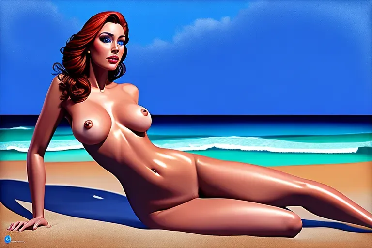 digital painting, 20 year old, a young actress, slim, naked, blue, beach, day time, studio light, surprised, 8k, professional