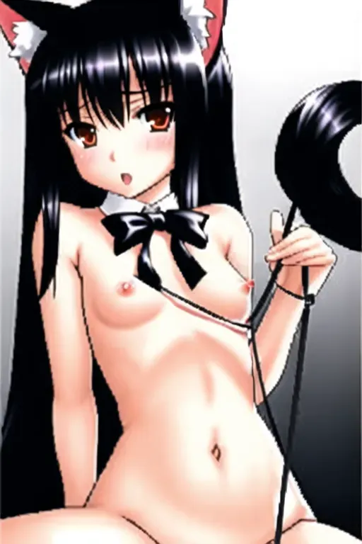 small breasts, leash, kemonomimi, naked, black hair, flat breasts, petplay, horny, petite