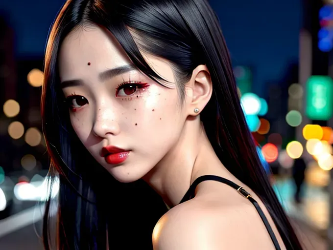a highly detailed photo of, dpmg_asian_aesthetic_v1, best quality, ultra-hd, 8k resolution, 18 years old, light skin, beautiful face, perfect body, big rounded eyes, beautiful red lips, inocent face, highly detailed face, curved eyebrows, inocent face, correct anatomy, 8k, insanely beautiful, ultrarealistic, small waist, rounded butt, sexy, five fingers per hand, at a Tokio street, at night, urban clothes, punk rock, sexy pose, back pose, non nunde, freckles, lace lingerie, cyberpunk style, walking on the street, neon, sci-fi, futuristic, ((detailed hair features)),((detailed facial features)),((detailed body features)),((detailed arms features)),(textured skin),((beautiful lips)),((8k resolution photo))