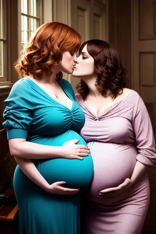 A 4k DSLR photograph,(lesbian) couple, Christina Hendricks, and Kat Dennings, (pregnant:1.5),women, gorgeous, (((kissing))), ((caressing)), embracing, empress dress, blonde, blue eyes, cute, innocent looking, curves, sexy, hot, closed eyes, young, enjoying, pleasure, orgasm, large breasts, perfect ass, loose hair, accurate faces,climax, cinematic lighting, cgsociety, unreal engine