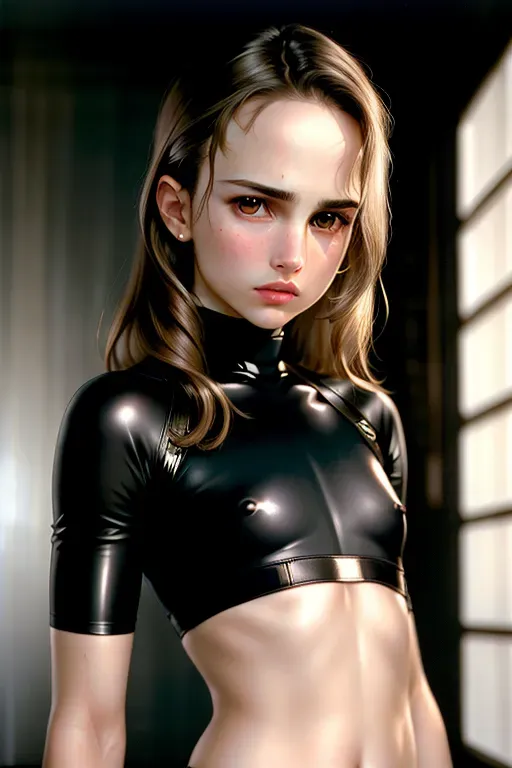 an ultra realistic photograph of,natalie portman,small breasts, pale skin, sheer croptop, sad expression, pouty lips