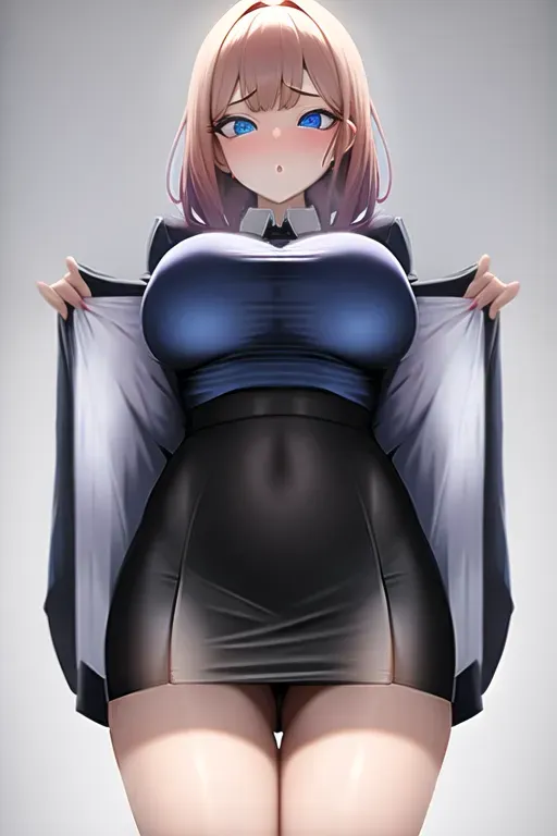 <lora:dpmg_upshirt:1>, big surprised eyes, blue eyes, short banks, big boobs , wet pussy, short skirt,
