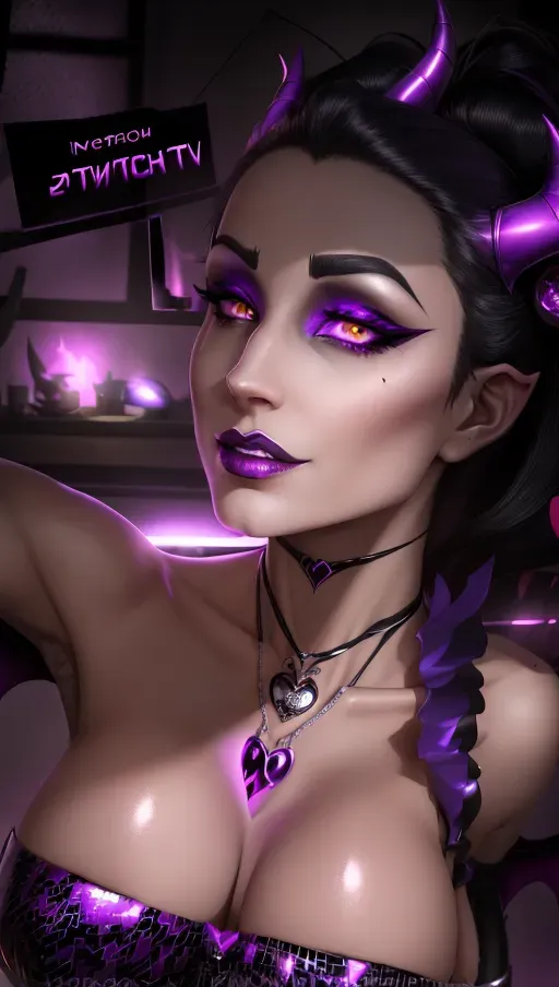 perfect boobs, perfect body, 20, seductive, succubus, charming, magic force, corrupted, corruption, demon wings, demon tail, latex, heart choker, heart necklace, purple heart nipple patches, heart, black hair, bodysuit, symbiote, horns
