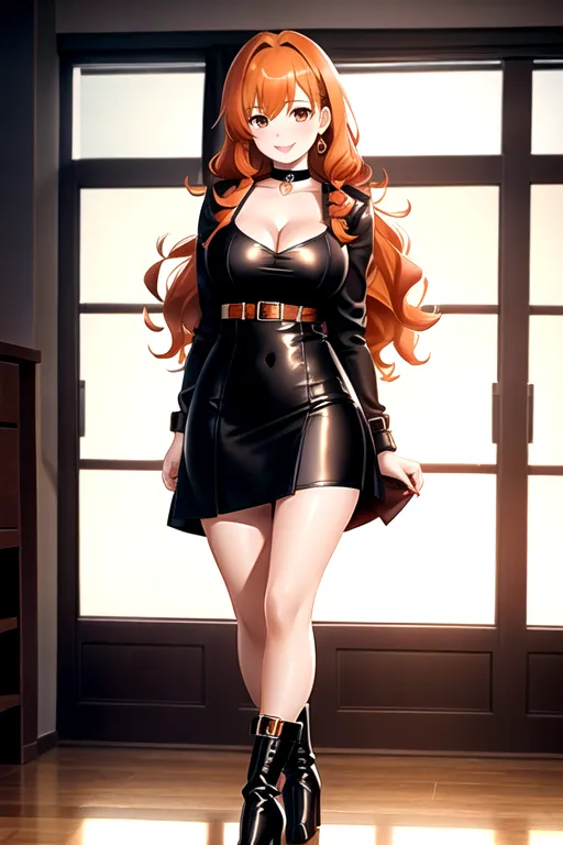 miniskirt, minidress, orange hair, choker, brown eyes, pale skin, giant breasts, boots, cleavage, high heels, looking at viewer, walking across room, living room, 1girl, smiling, wavy hair, 8K, Full body photo, slim body