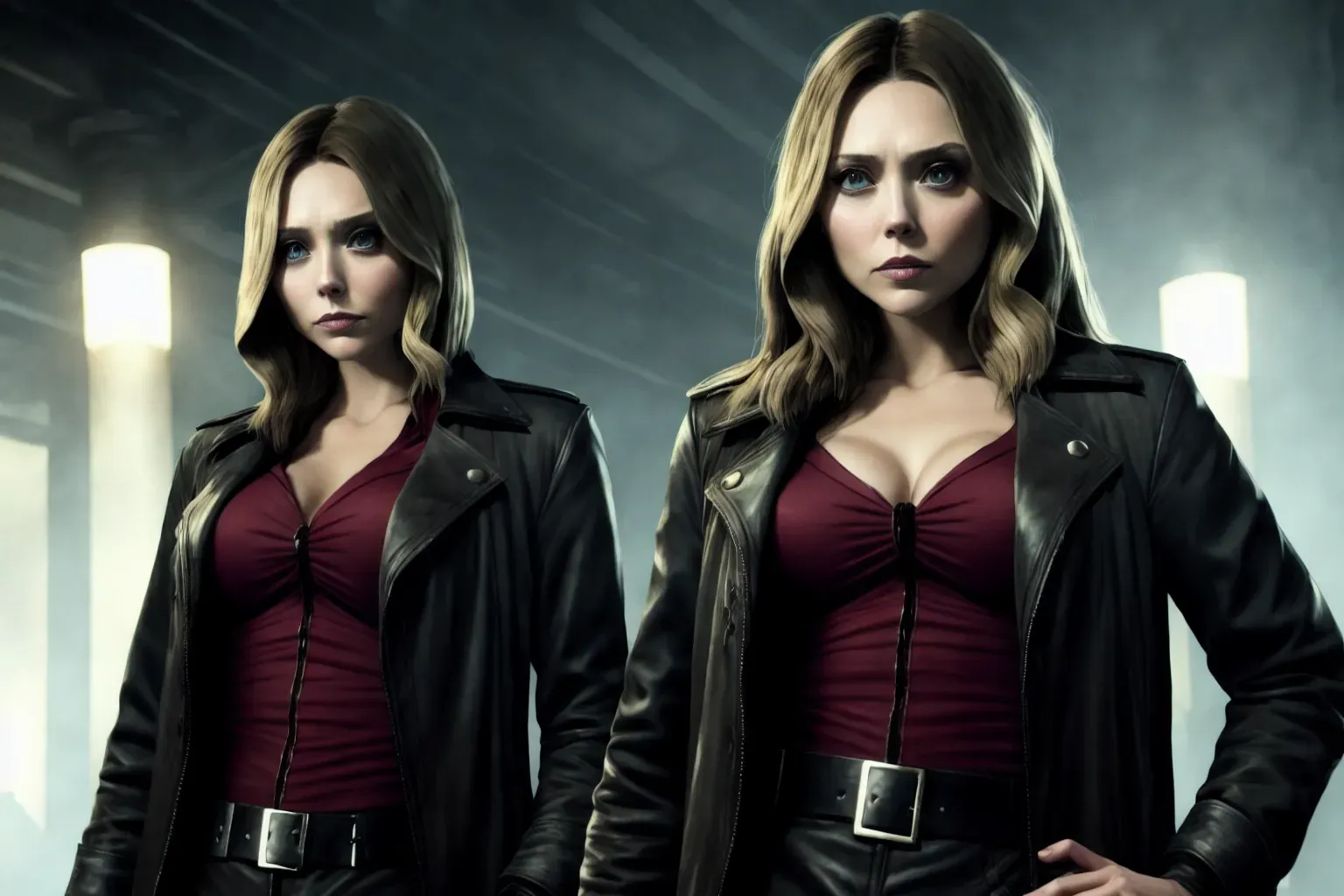 a high definition (wide shot) (full color) photograph of single woman (Evil Elizabeth olsen as maniacal super villain),(night time)(in a dark alleg)(eldritch shadow demons hiding), (torn clothes)(fingerless gloves)(ammo belt)(boots)(exposed midriff)(full length military cargo pants)(fully dressed),(Manic expression)(glowering eyes)(extremely evil grin)(creepy evil facial expression),(accurate face),(evil pose), (slender build)(Athletic Build)(skinny)(thin)(perfect tight ass), (very small breasts), five slender fingers, beautiful face, beautiful lips, detailed eyes, curved eyebrows, cinematic lighting, studio lighting, professional, editorial, UHD, 4k, (in the style of Silent Hill)