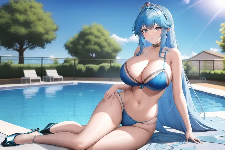 wide shot, 20 year old, a princess, insanely beautiful, lingerie, blue, pool, day time, studio light, surprised, 8k, professional