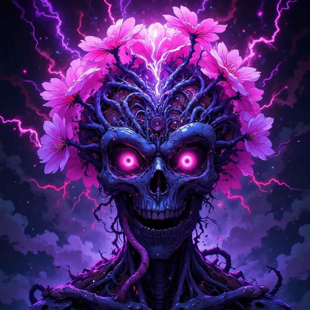 VibrantlySharp style,
animeniji,
3pic_vist4,, A biomechanical skull draped in velvet tendrils, its cranium split open like a blooming flower. From the center erupts a twisting root system of glowing purple veins, weaving through decayed circuitry. Its eye sockets emit fractured beams of pink lightning, warping the space behind it into blooming symbols.