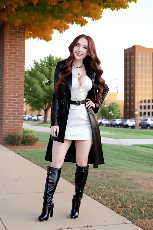 full body, chestnut hair, green eyes, short girl, black miniskirt, black high heel boots, red trench coat, looking at viewer, smiling, long hair, pale skin, black necklace, black blouse, 24 years old, giant breasts, cute face, pov, wavy hair, city environment, Oklahoma City