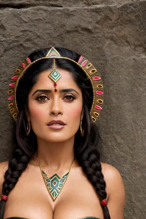 Salma Hayek,Aztec princess, against the walls, aztec pyramid,five fingers per hand, braided hair,charming face,beautiful lips,detailed large eyes,curved eyebrows,curved eyelid,smooth skin, stoic, tribal tattoos, green eyes, feather headdress, full moon in sky