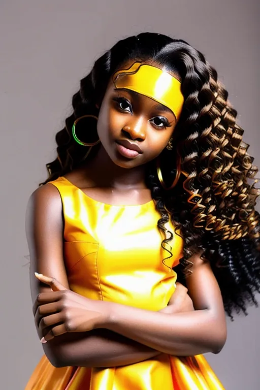 Headshot, A stunning gorgeous cute beautiful Nigerian preteen supermodel, long wavy hair, ((huge round eyes)), long eyelashes, tanned