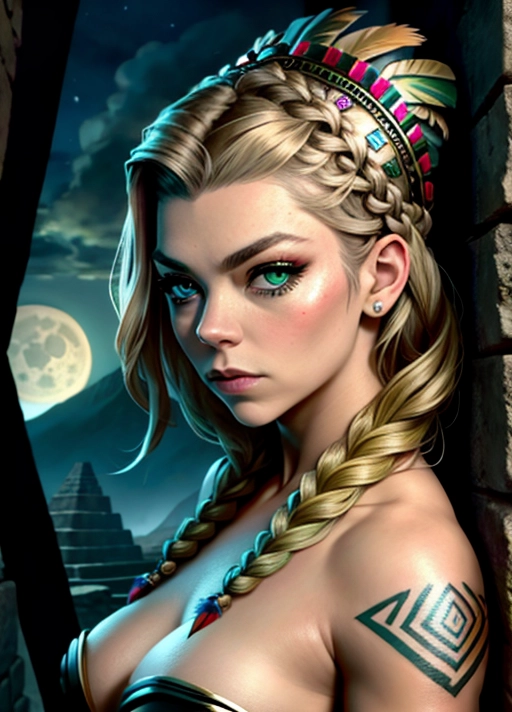 Natalie Dormer,Aztec princess, against the walls, aztec pyramid,five fingers per hand, braided hair,charming face,beautiful lips,detailed large eyes,curved eyebrows,curved eyelid,smooth skin, stoic, tribal tattoos, green eyes, feather headdress, full moon in sky