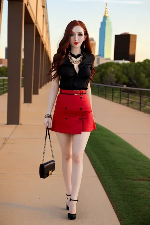 full body, chestnut hair, green eyes, short girl, red miniskirt, black high heels, looking at viewer, long hair, pale skin, black necklace, black shirt, 24 years old, big breasts, cute face, pov, wavy hair, city environment, Oklahoma City, wide eyes, erotic, skirt tug