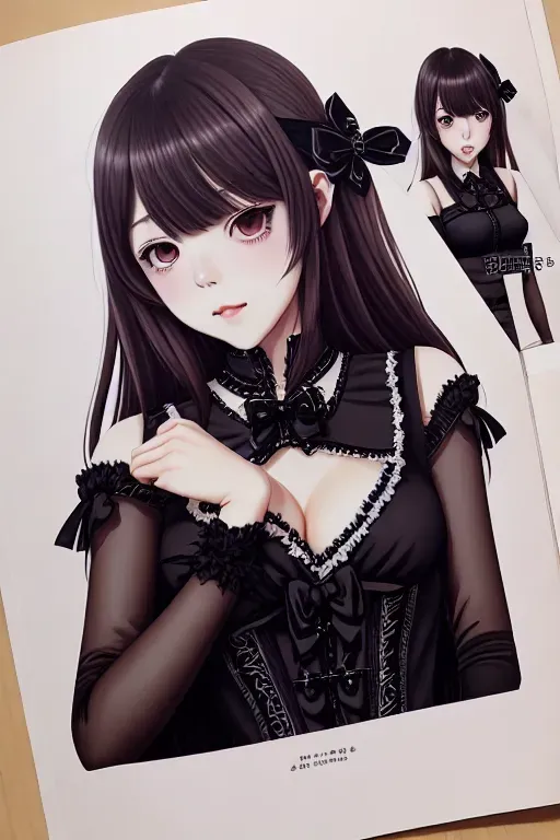 a illustration of Nishino Nanase of Nogizaka46 touching her breasts highly detailed ultra realistic charming face wearing goth clothing