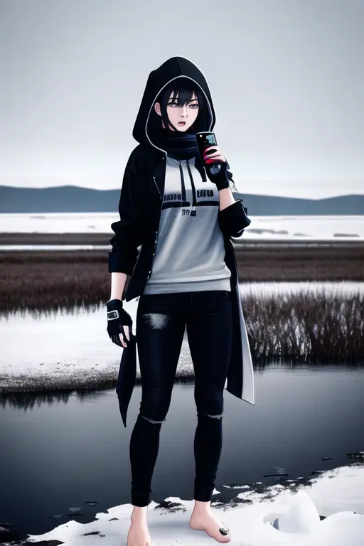 hoodie, black jeans, fingerless_gloves, toeless_gloves, feet, toes, electrical_tape, black_lipstick, standing, fighting, tape, barefoot, swamp, marsh, snow, 2 girls, scarf, cell phone, footprints, toe rings,