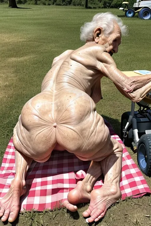 (great grandmother),(90 years old),(naked),(wrinkled skin),(very skinny), sitting at picnic table, bent over, showing ass , (tan lines), lawn mower, yard