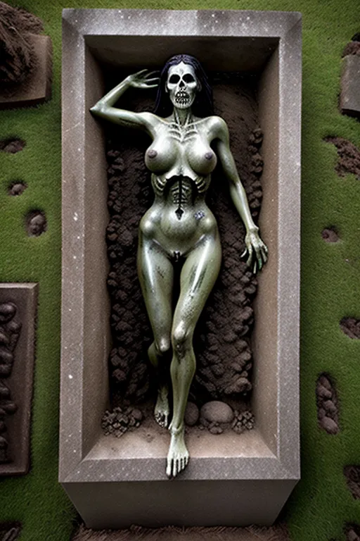Naked undead woman
rising from the grave
cemetery
dark
crypts
bones
rain
mud
wet
dripping
tombs