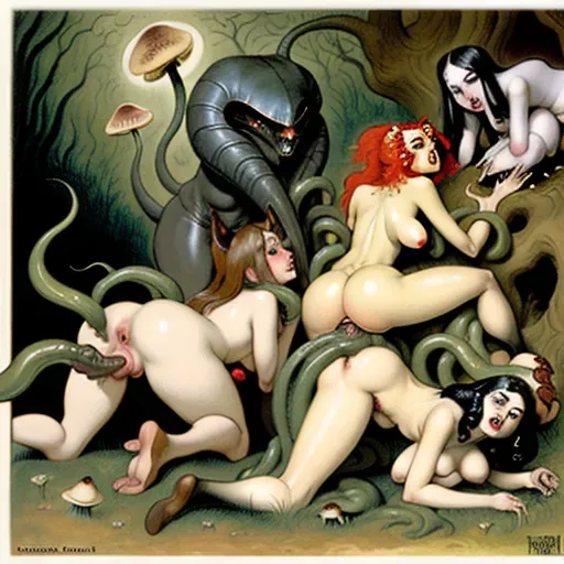 Orgy, in the art style of Frank Frazetta, In the art style of H. R. Giger, In the art style of Hieronymus Bosch, tentacles, mushrooms, multiple penetration, all fours, from behind, huge labia minora, huge vaginal gape, dynamic pose, busty female, raw, 8k