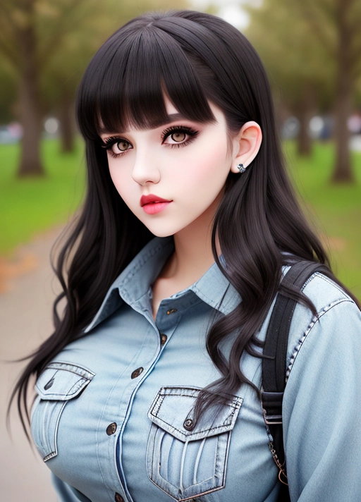 Cute girl, simple grunge makeup, pale colored eyes, black hair, bangs, big lips, realistic face, high riding huge boobs, gigantic tits, flannel shirt, standing, skinny, photorealistic, best quality, ultra high resolution