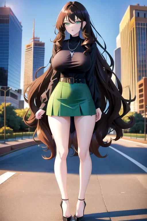 full body, chestnut hair, green eyes, short girl, blue miniskirt, black high heels, looking at viewer, long hair, pale skin, black necklace, black shirt, 24 years old, big breasts, cute face, pov, wavy hair, city environment, Oklahoma City, wide eyes, erotic