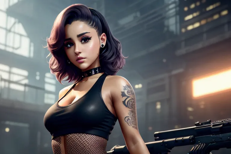 a photo shot of,ariana grande,wearing tank top,doing sexy pose,in a dystopian future,five fingers per hand,short thick hair,gorgeous face,beautiful lips,detailed large eyes,curved eyebrows,curved eyelid,smooth skin,peaceful,tattoo,cgsociety,cinematic lighting,artstation,highly detailed,sharp focus