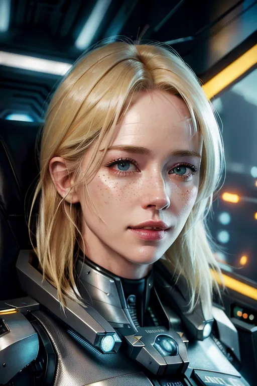 Cute young blonde, young Naomi watts, freckles, cyberpunk, sci Fi, starship pilot, cockpit, ultra realistic. 8k,flight controls,ultra detailed face, cyborg face implant, cyborg breast implants,