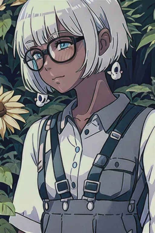 ghibli style, 1girl , white colored neat bobcut short hairstyle, sun flowers decorating farmer black overalls for clothing white clean long sleeved undershirt, cocky look in eyes with tougue out to viewer, bug lover, bug type pokemon trainer, wearing round nerdy glasses, the nature nuturer, tanned black darker skin tone, protective of garden, dark black overalls with bug themed decorations ((masterpiece)) <lora:dpmg_ghibli_style:0.92>
