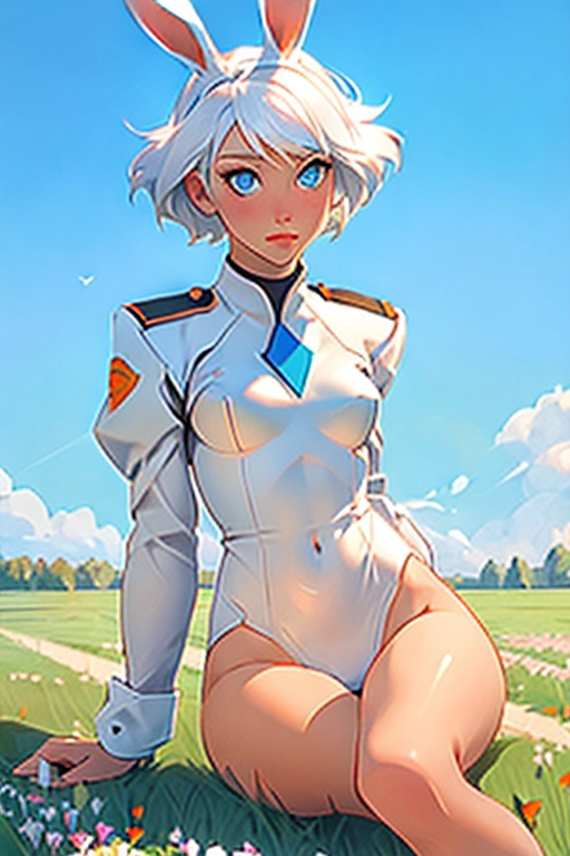 1 female, alone, white hair, short hair, blue eyes, slim body, small breasts, white uniform with blue accents, completely nude, in green fields, empty fields, sunny fields, bunny ears, sitting, showing crotch area, showing pussy, using a dildo, dildo looks like a carrot, masturbating, inserting carrot in pussy, grabbing carrot, orange carrot