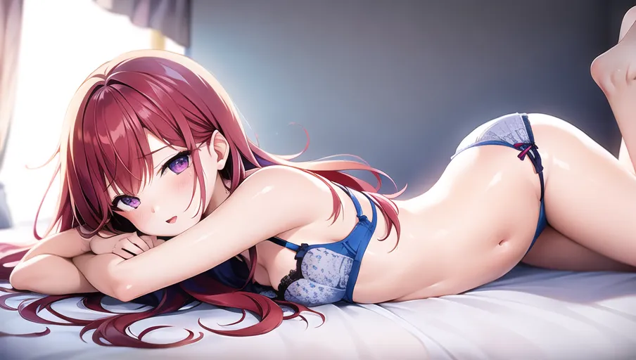 Woman laying on a bed curled up, small breasts, cute panties, cute blue bra, long red hair, oversized button up shirt, detailed purple eyes, small ass, (fetal position), full body shot