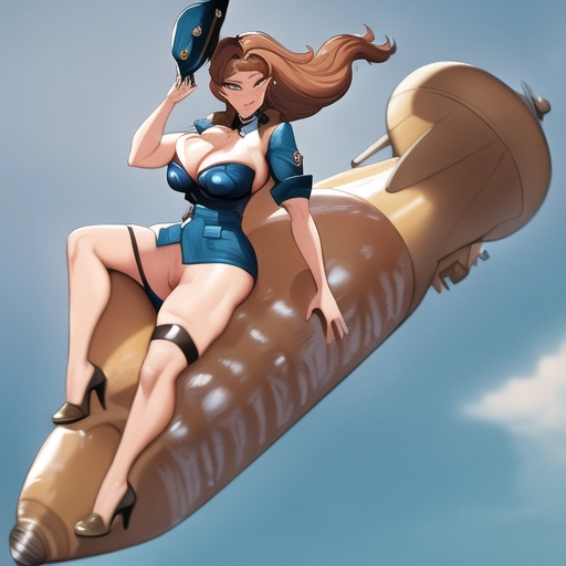 sexy milf with curly chestnut hair, buxom with a large firm shapely ass nude riding a falling bomb with blue sky around her, she is completely nude while wearing a luftwaffe officer cap atop her head, her face has a sexy look as she has an orgasm she has two arms and her legs are straddling the bomb